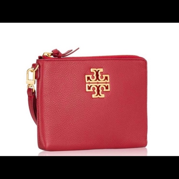 Tory Burch Britten Large Zip Leather pouch wristlet, Redstone color - Picture 2 of 10